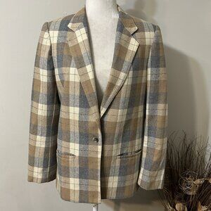Vtg Prato Women Wool Plaid Tan Beige Tweed Button Up Blazer Jacket Lined Sz 10